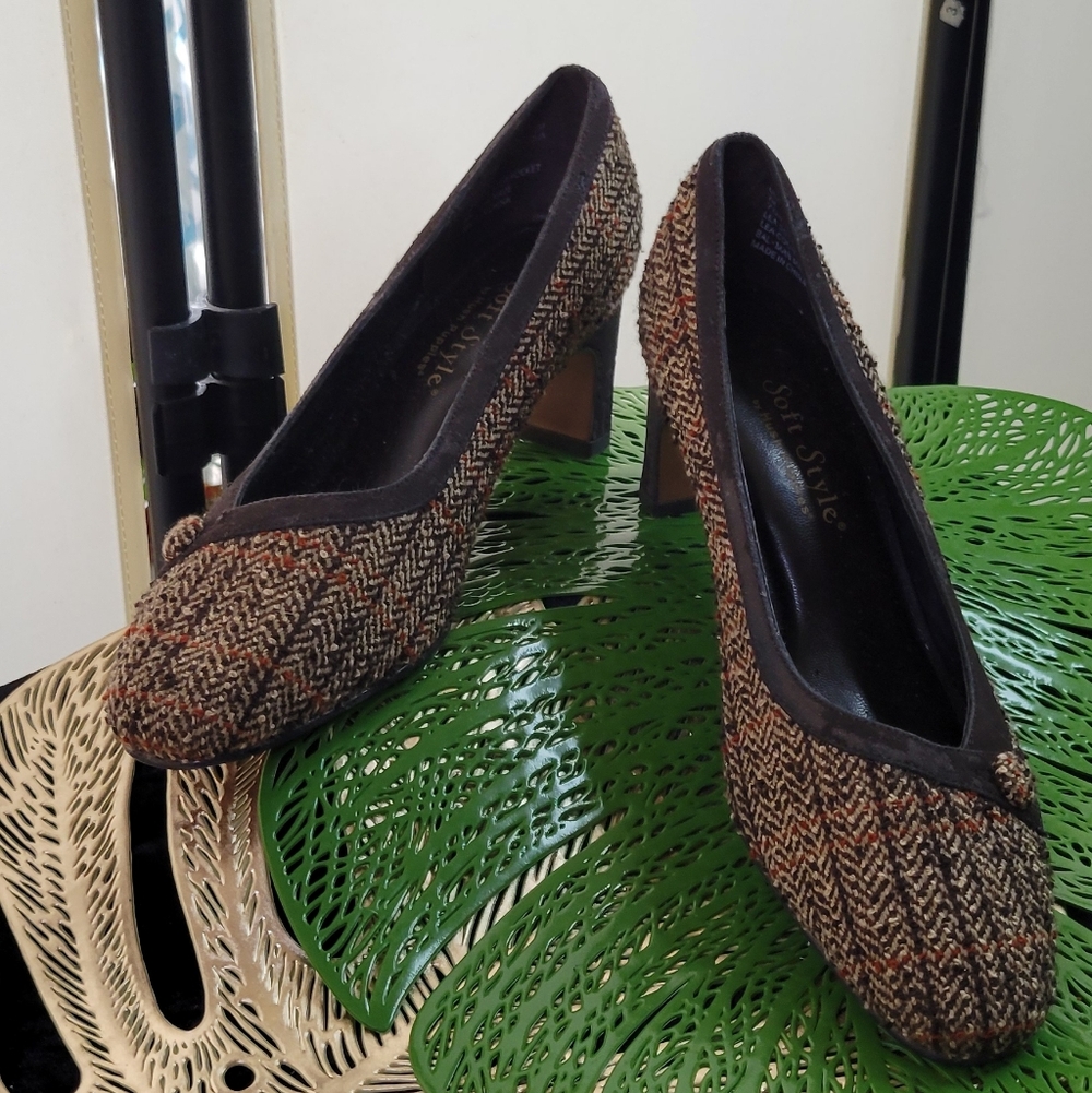 Soft Style Tweed Herringbone Heels Brown Plaid Pump Classic Retro Chic 👠✨ - Picture 7 of 16